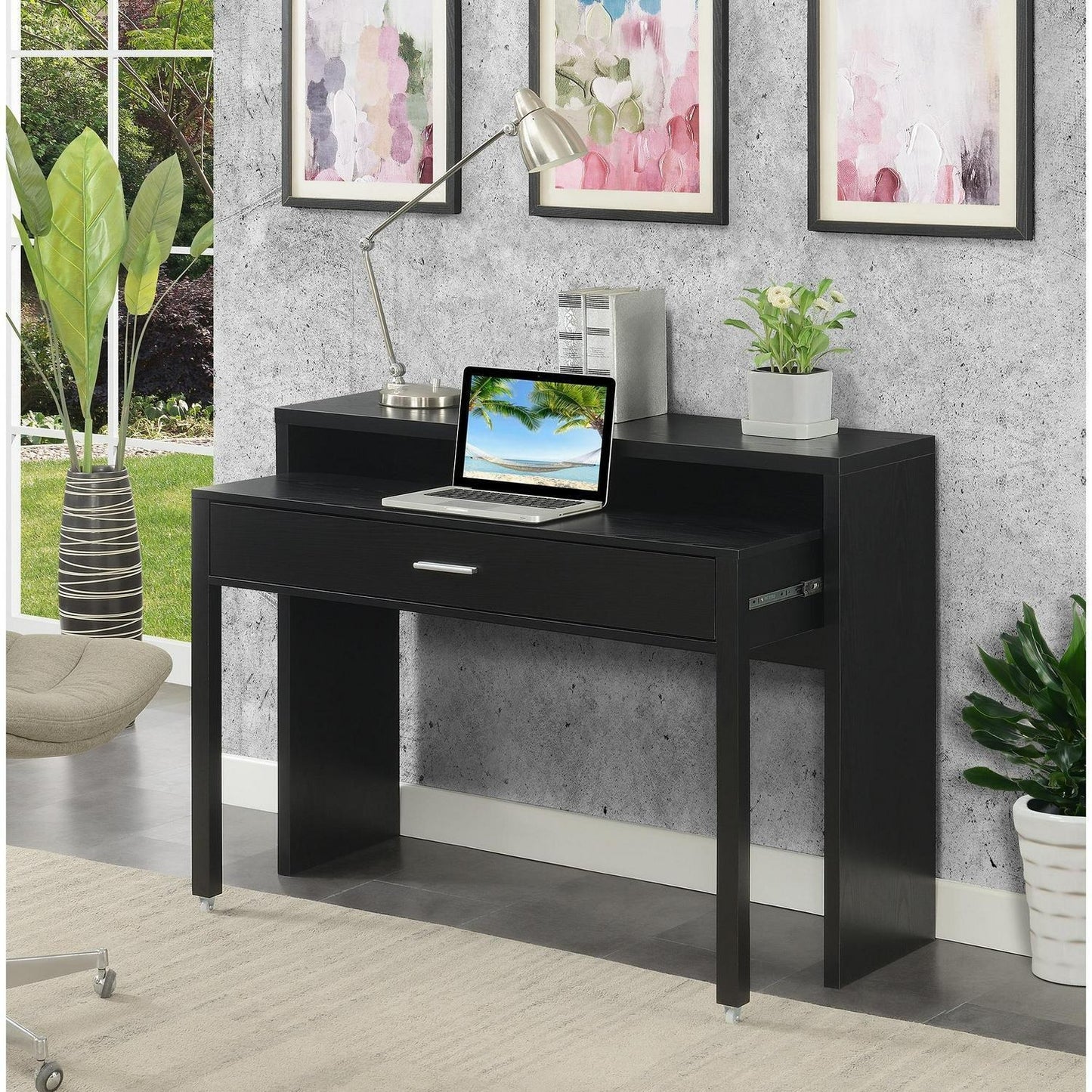 Black Finish Expandable Sliding Desk With Console and Drawer Computer Desk