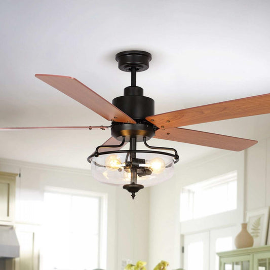 52in Reversible Wooden 5-Blade 3-Light Ceiling Fan with Remote Control