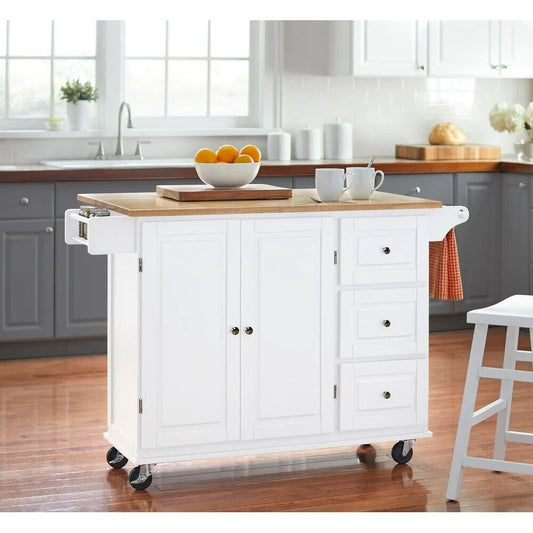 White Kitchen Cart Rolling Island Cabinet - Natural Finish Wood Top & Drop Leaf