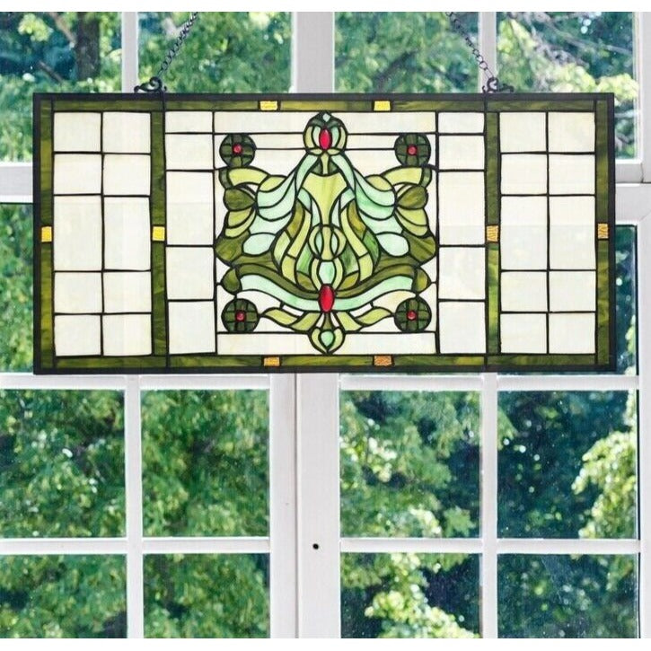 Vintage Victorian Theme Tiffany Style Stained Glass Window Panel -26inLx13.75inH