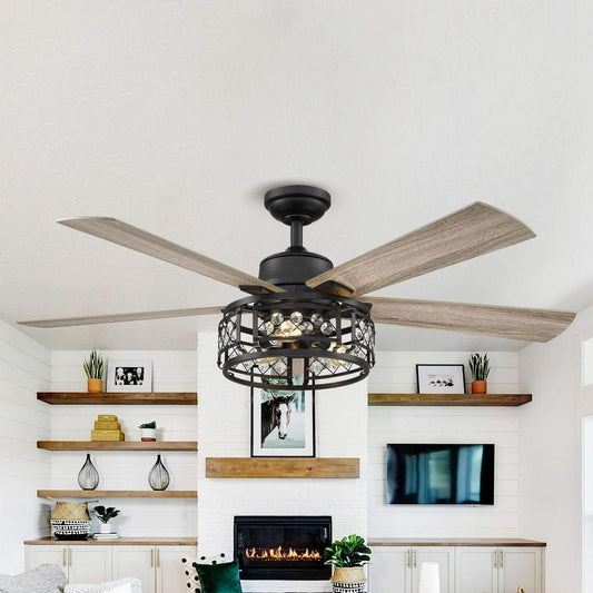 Oak Wooden Caged Light 5-Blade Crystal LED Ceiling Fan with Remote Control