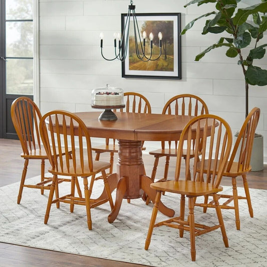 7-Pc Country Style Dining Set: Solid Wood w/ 22in Leaf - Nat Oak Finish