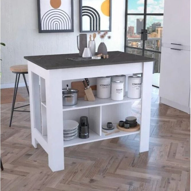 Kitchen Island Table With Open Lower Storage White Finished/Black Onyx Fin Top