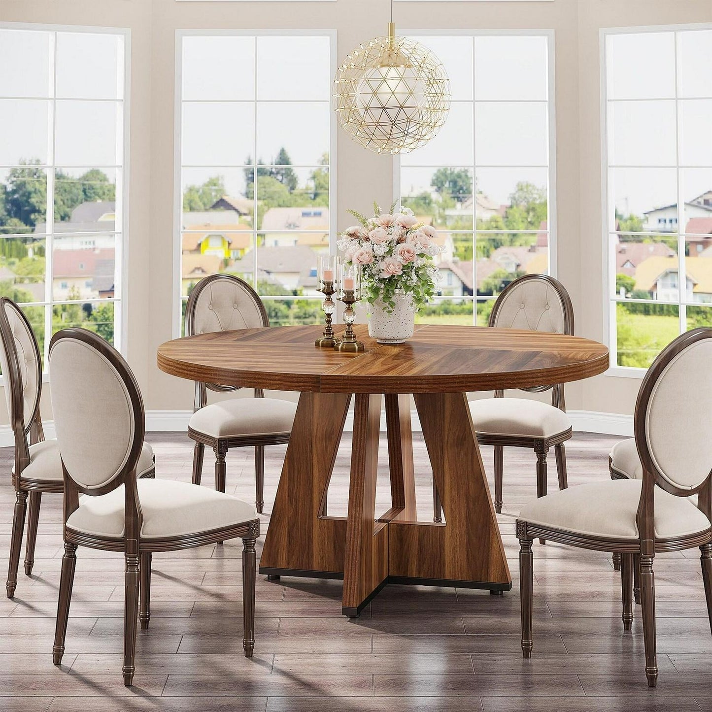 Round Farmhouse Dining Kitchen Table in Rustic Light Brown Finish 47in Diameter