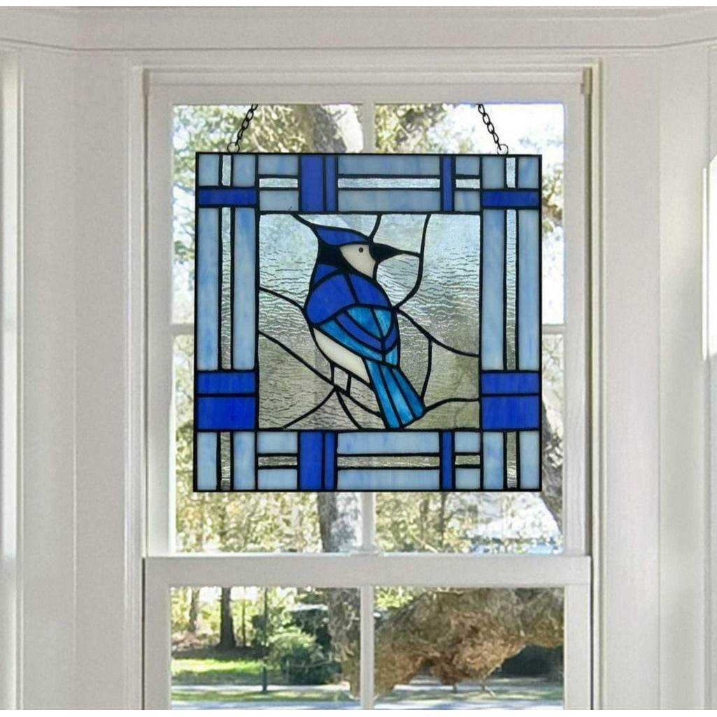 Blue Jay Bird Stained Glass Window Panel Suncatcher 11in x11in 75 Handcut Pieces