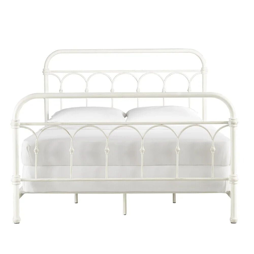 Classic Style Antique White Finish Casted Knot Metal Bed in QUEEN Size