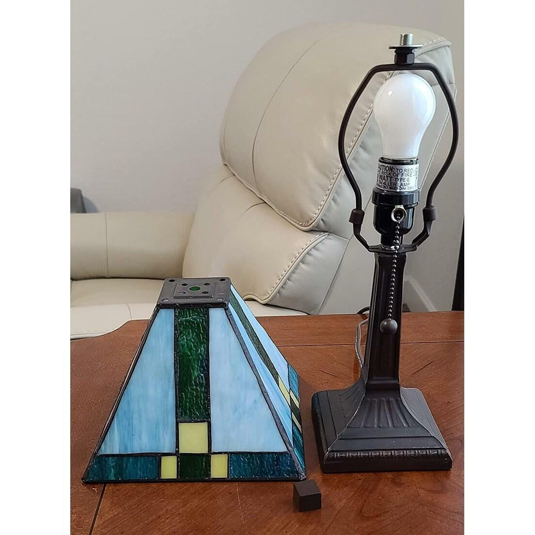 Tiffany Style Stained Glass Mission Table Lamp In Green and Yellow 14.5 Tall