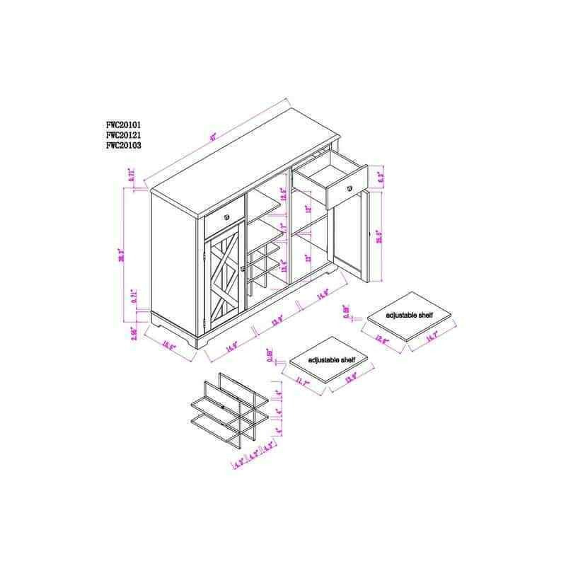 Buffet Sideboard Cabinet Credenza With Built-in Wine Rack Bar in Grey Finish