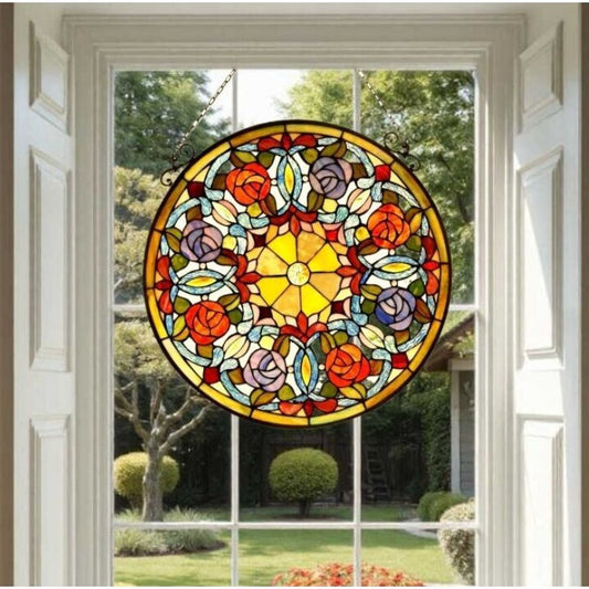 Tiffany Style Stained Glass Radiant Medallion Window Panel Suncatcher 24in