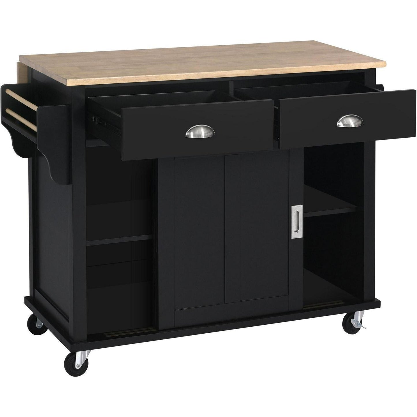 Stylish Drop Leaf Rolling Kitchen Island with Storage - in Black Finish