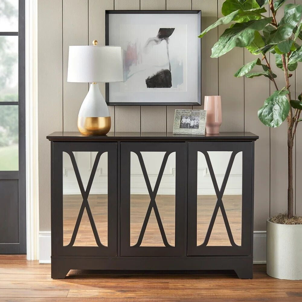 Mirrored Buffet Console Cabinet Storage Center Black Distressed Finished