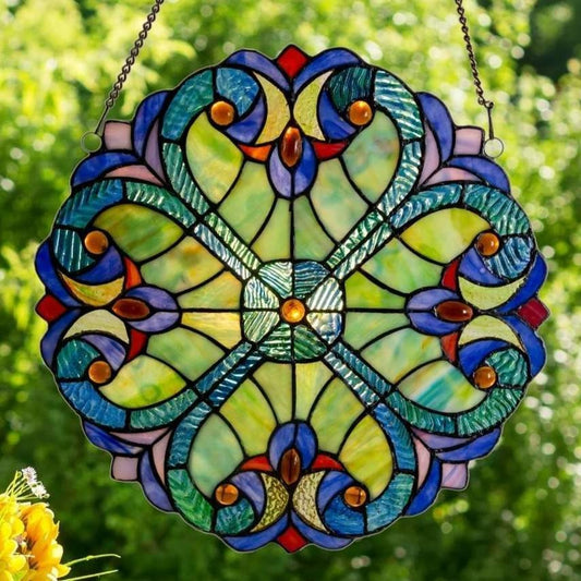 12-In Blue and Green Floral Tiffany Style Stained Glass Window Panel Suncatcher