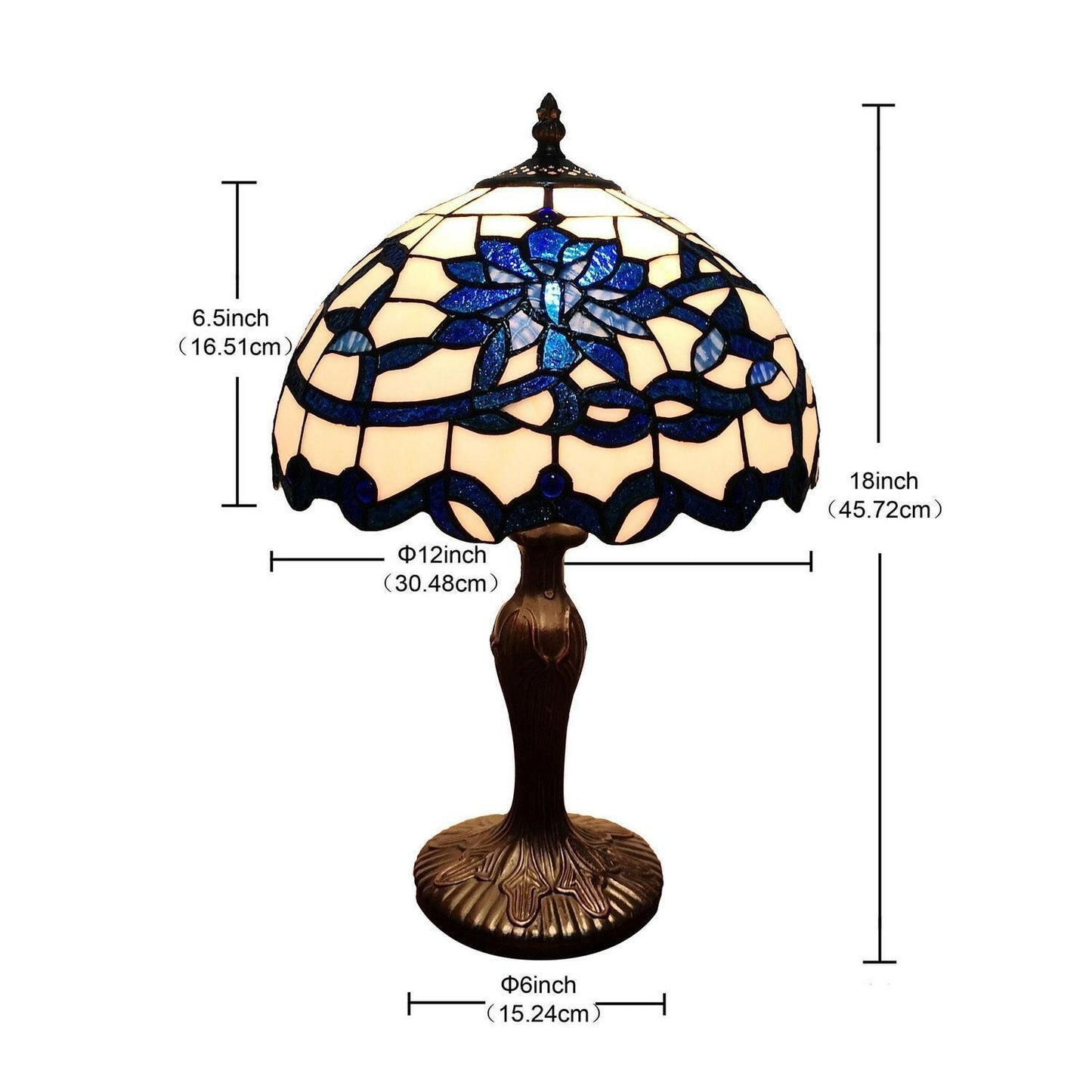 Tiffany Style Stained Glass Table Lamp Blue White Floral Design 12in