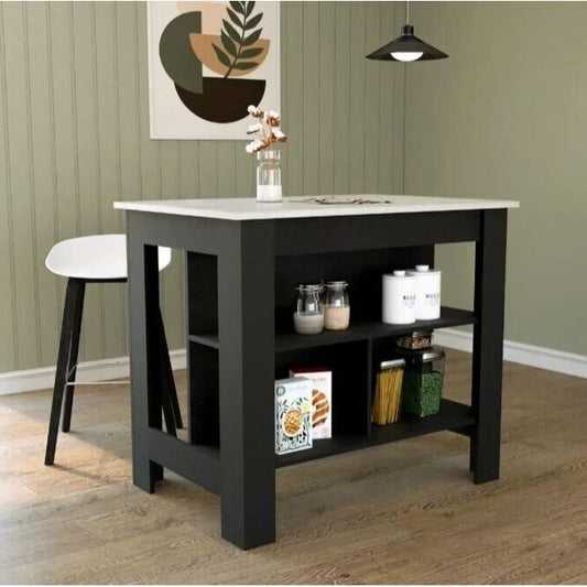 Kitchen Island Table With Open Lower Storage Black Finished/Grey Stone Fin Top