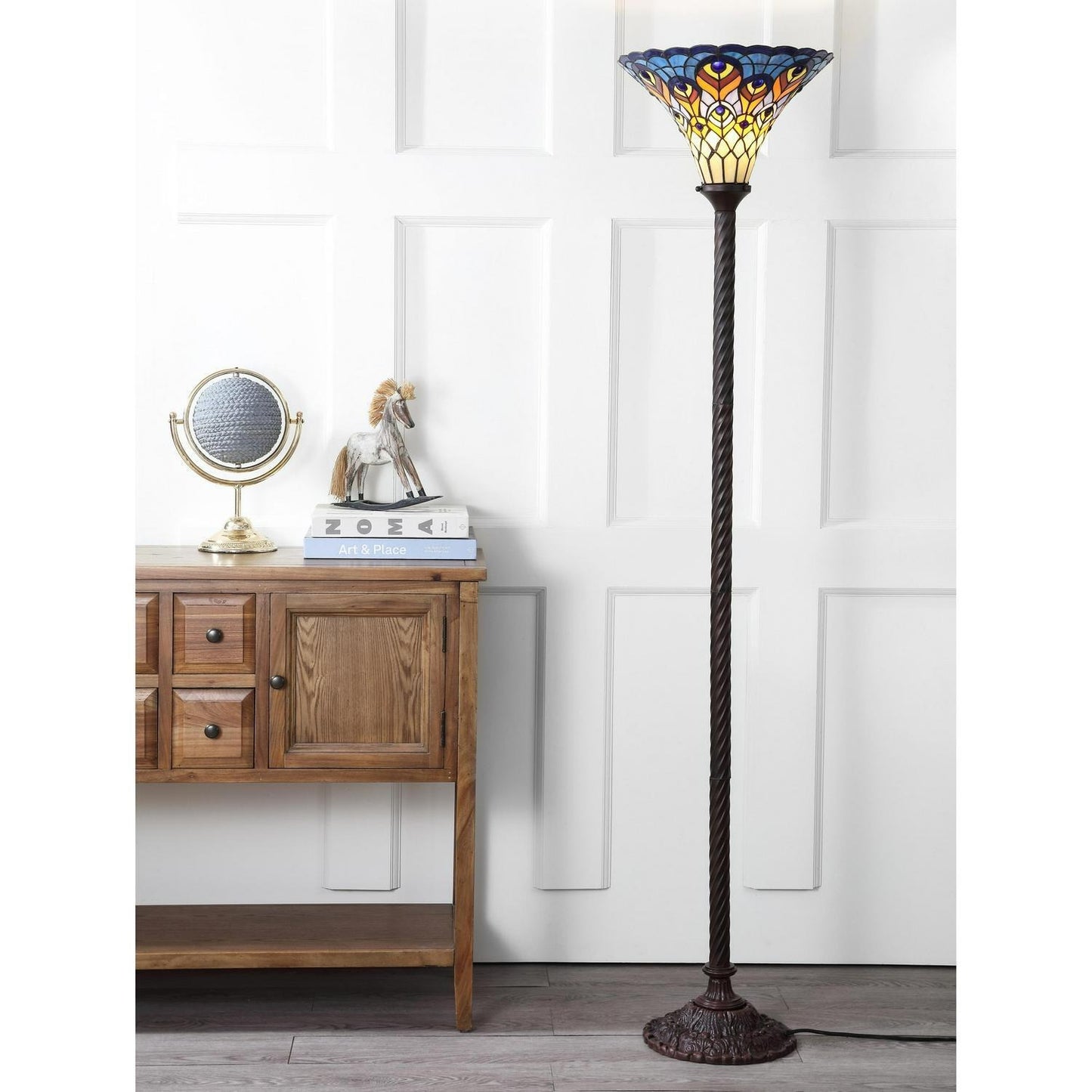 Tiffany Style Peacock 70in Stained Glass Traditional Torchiere Floor Lamp