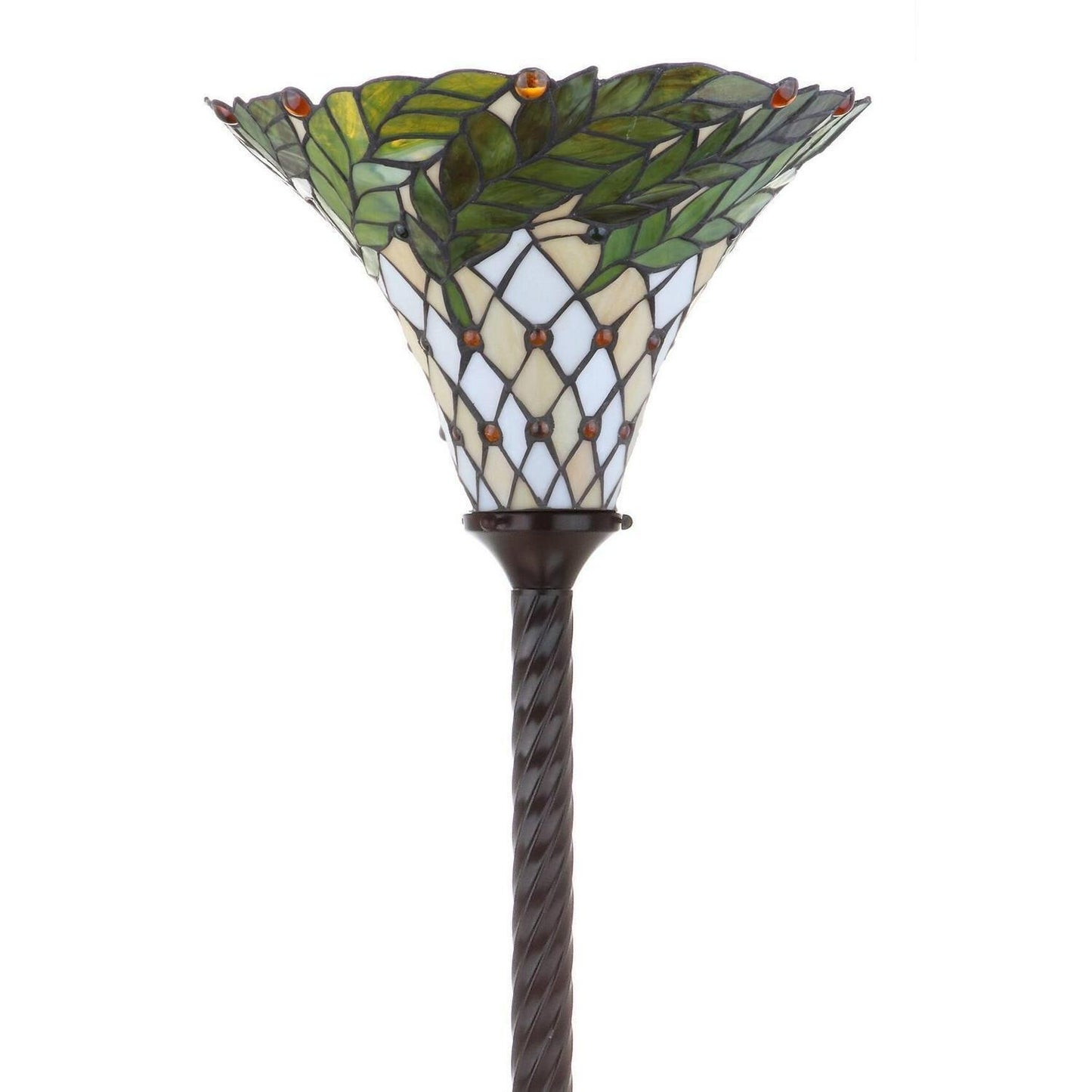 Green and Ivory Twisted Base Tiffany Style Stained Glass Torchiere Floor Lamp