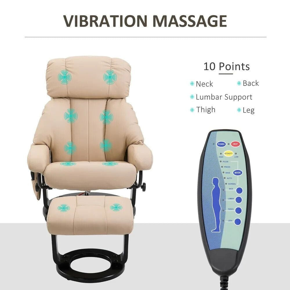 Beige Recliner Chair with Ottoman Footrest and Vibration Massage