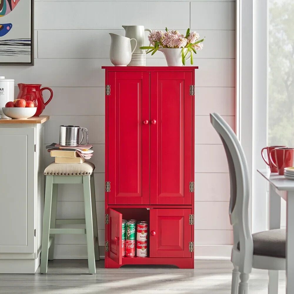 Country Kitchen Cabinet Storage Pantry Organizer Cupboard Red Finish 4ft Tall