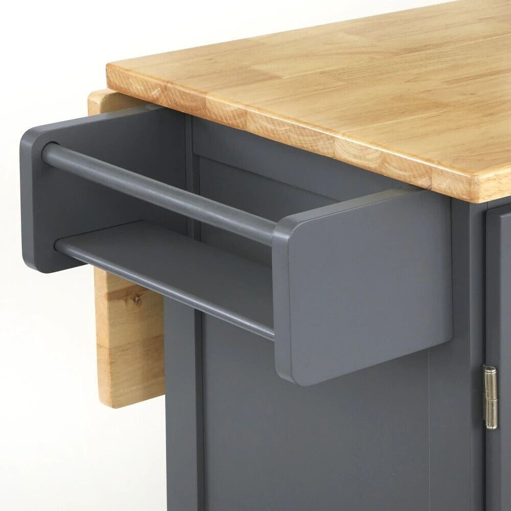 Charcoal Gray Kitchen Cart Rolling Island Cabinet - Natural Finish Wood Top