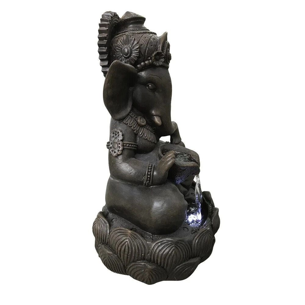 Lord Ganesh Elephant Bowl Fountain w/Cascading Water and Cool LED Lights 14in