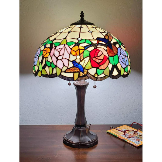 Tiffany Style Stained Glass Reading Table Lamp Floral Hummingbird and Floral