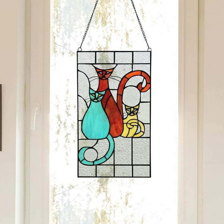 Cats Tiffany Style Window Panel Stained Glass Suncatcher Window Hanging 14inx8in