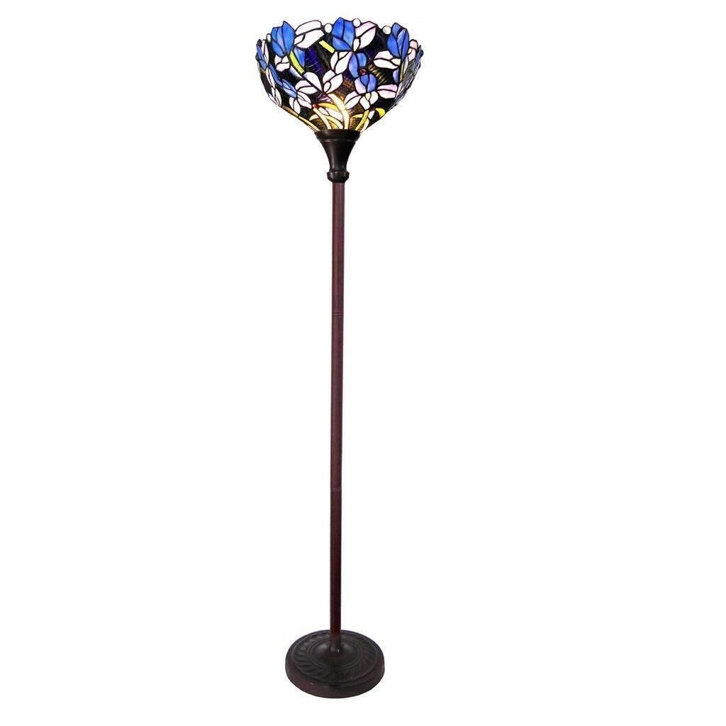Blue Floral Tulip Torchiere Lamp Floor Lamp Tiffany Style Stained Glass 70in