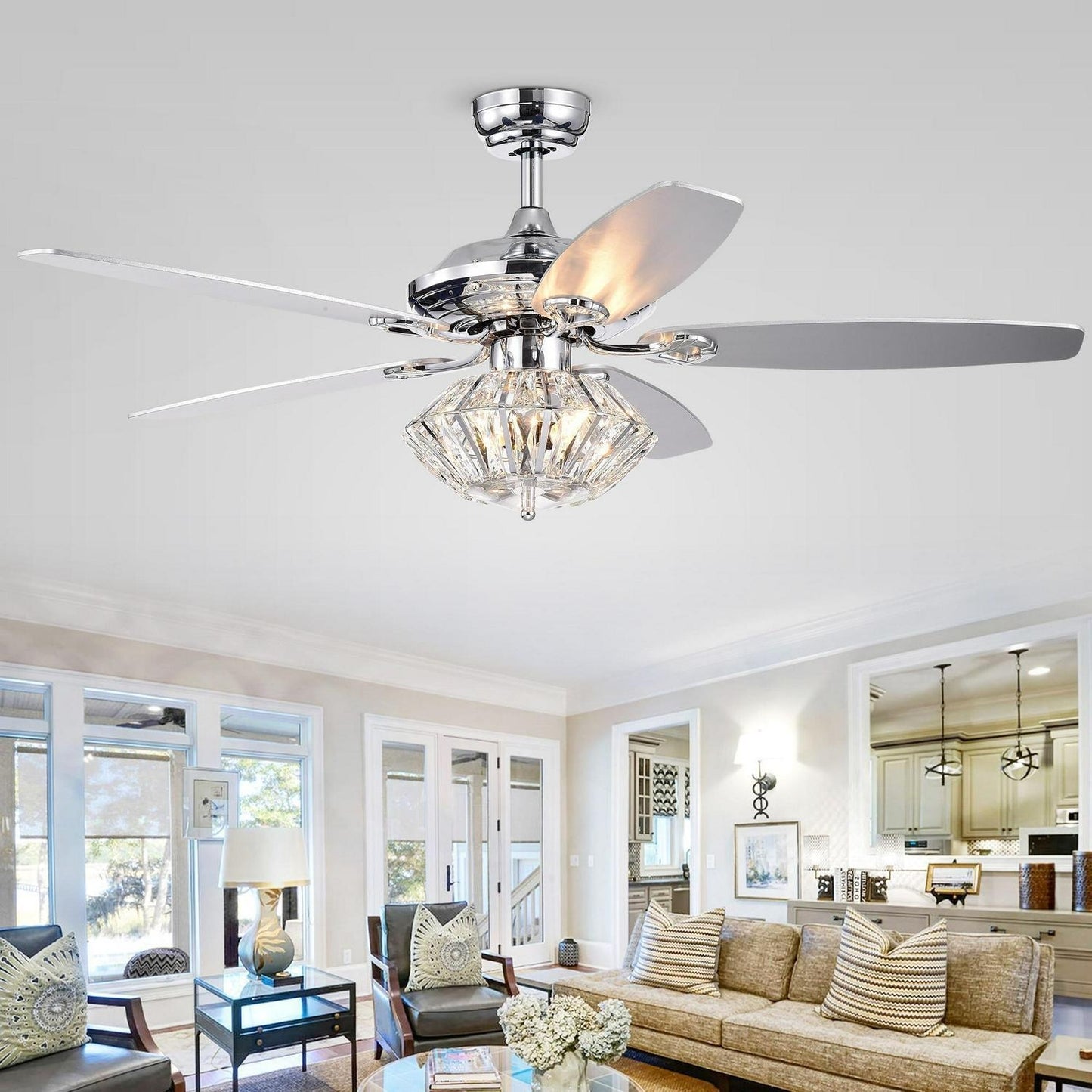 Modern 52in Lighted Ceiling Fan Chrome Finish with Crystal Shade - Remote Ctrl