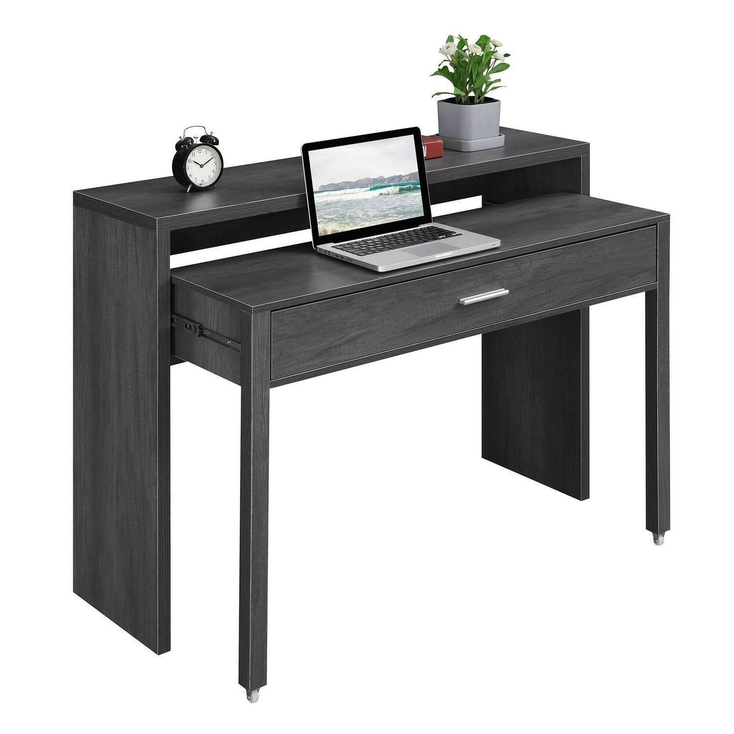 Black Finish Expandable Sliding Desk With Console and Drawer Computer Desk