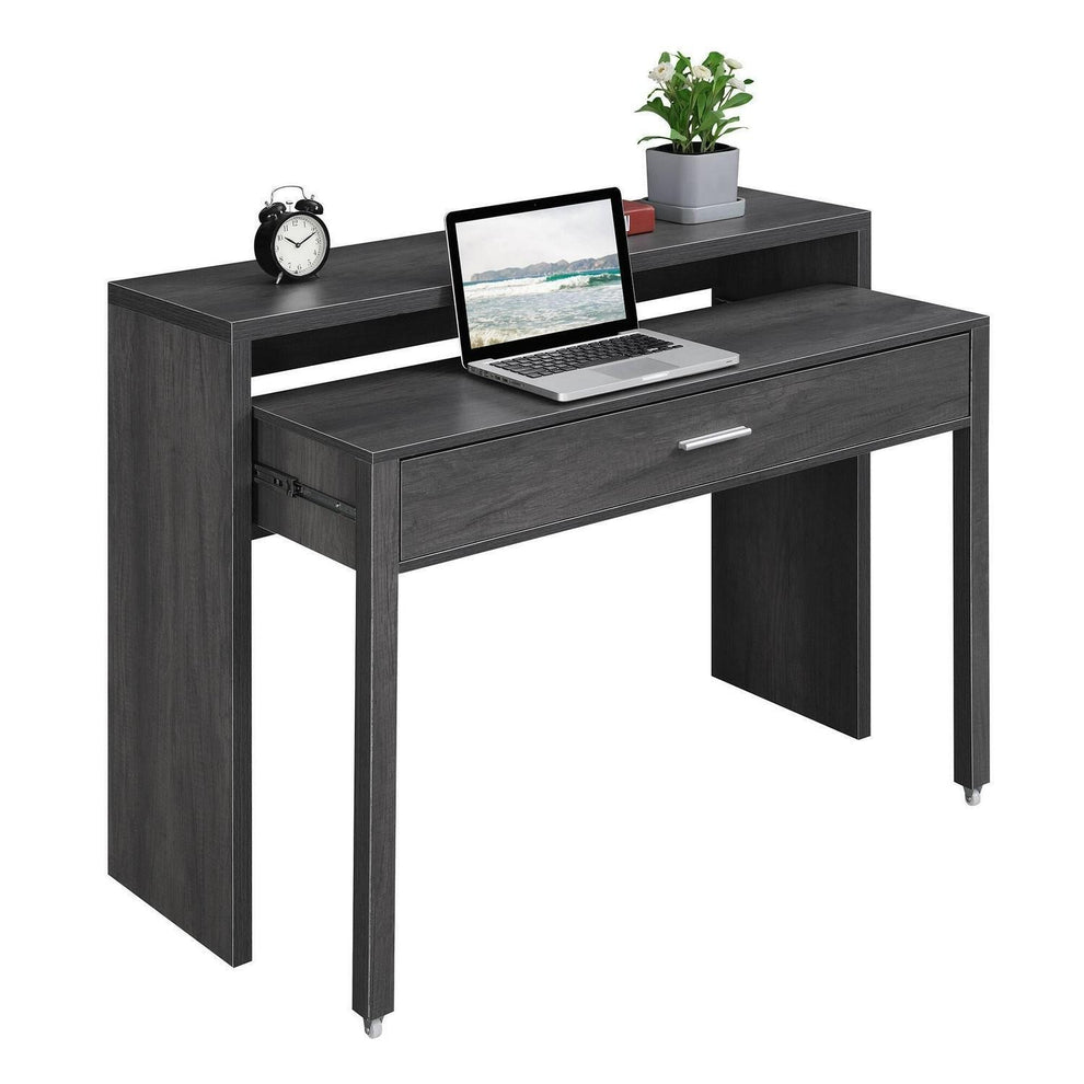 Black Finish Expandable Sliding Desk With Console and Drawer Computer ...
