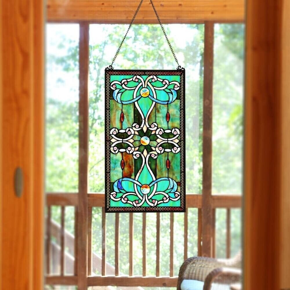 Tiffany Style Stained Glass Green Window Panel Suncatcher 15in X 26in