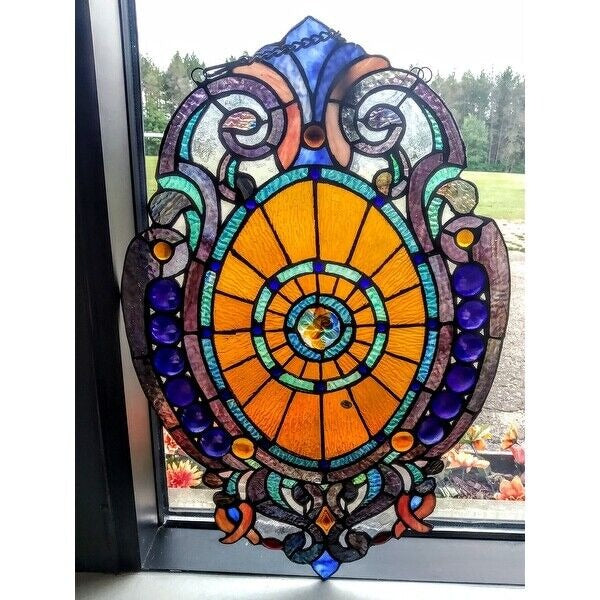 Victorian Theme Stained Glass Oval Hanging Window Panel Suncatcher 15x23in