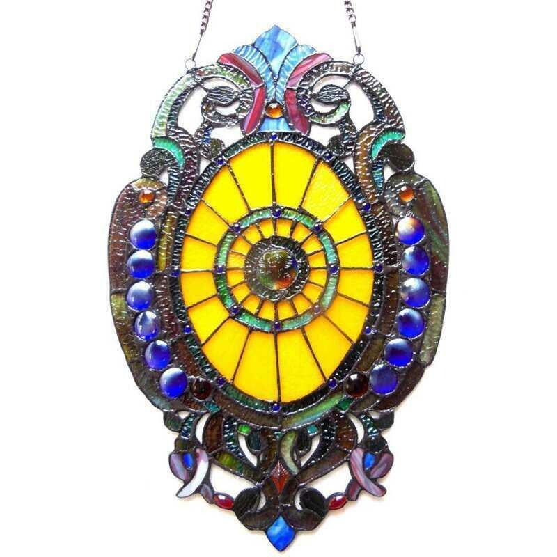 Victorian Theme Stained Glass Oval Hanging Window Panel Suncatcher 15x23in