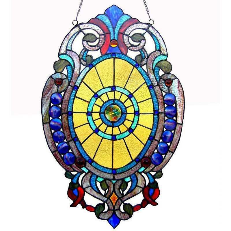 Victorian Theme Stained Glass Oval Hanging Window Panel Suncatcher 15x23in