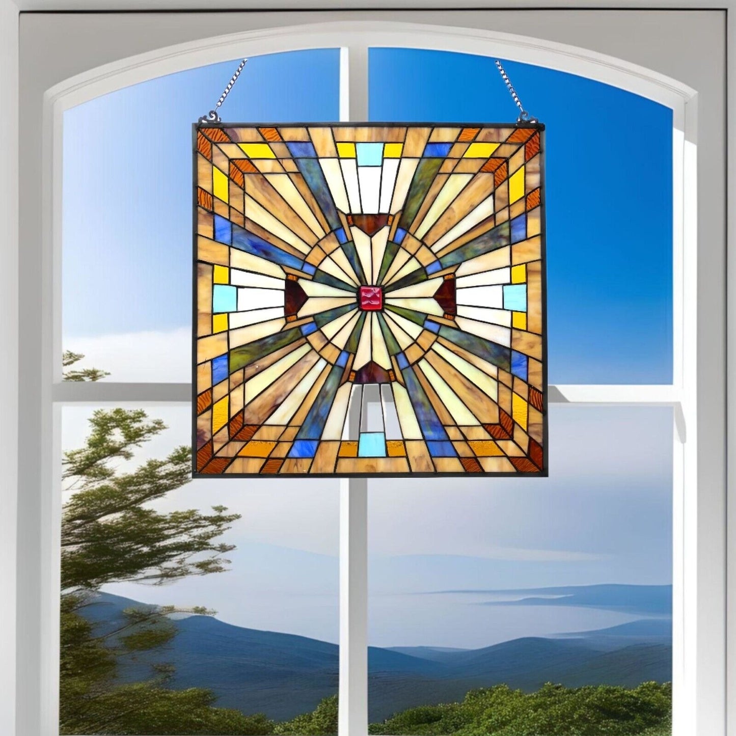 Tiffany Style Mission Stained Glass Window Suncatcher Muticolor Art Deco 24x24in