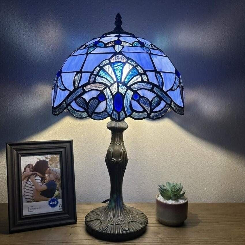 Elegant Lighting Baroque-Inspired Lavender Blue Stained Glass Table Lamp - 19inT