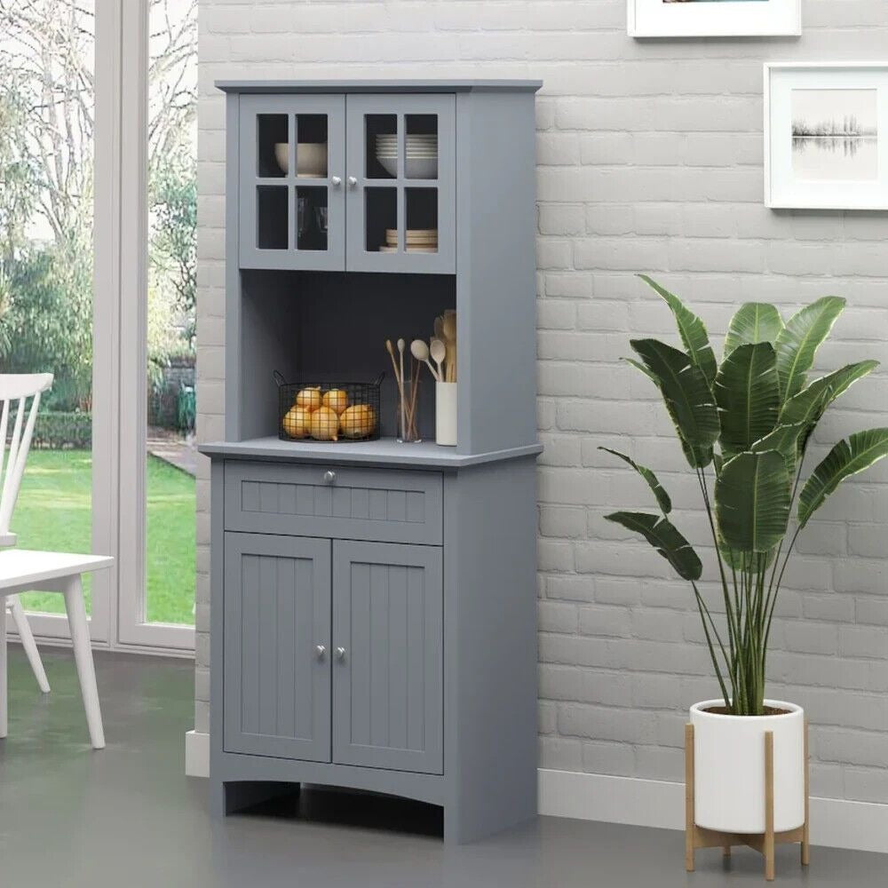 Gray Kitchen Buffet Storage Cupboard with Framed Glass Door and Microwave Space