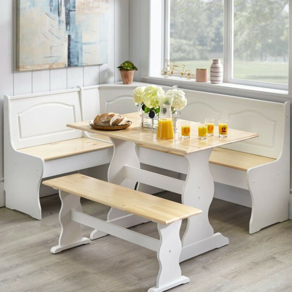 Country Style White And Natural Finish Wood Corner Nook Dining Table Bench Set