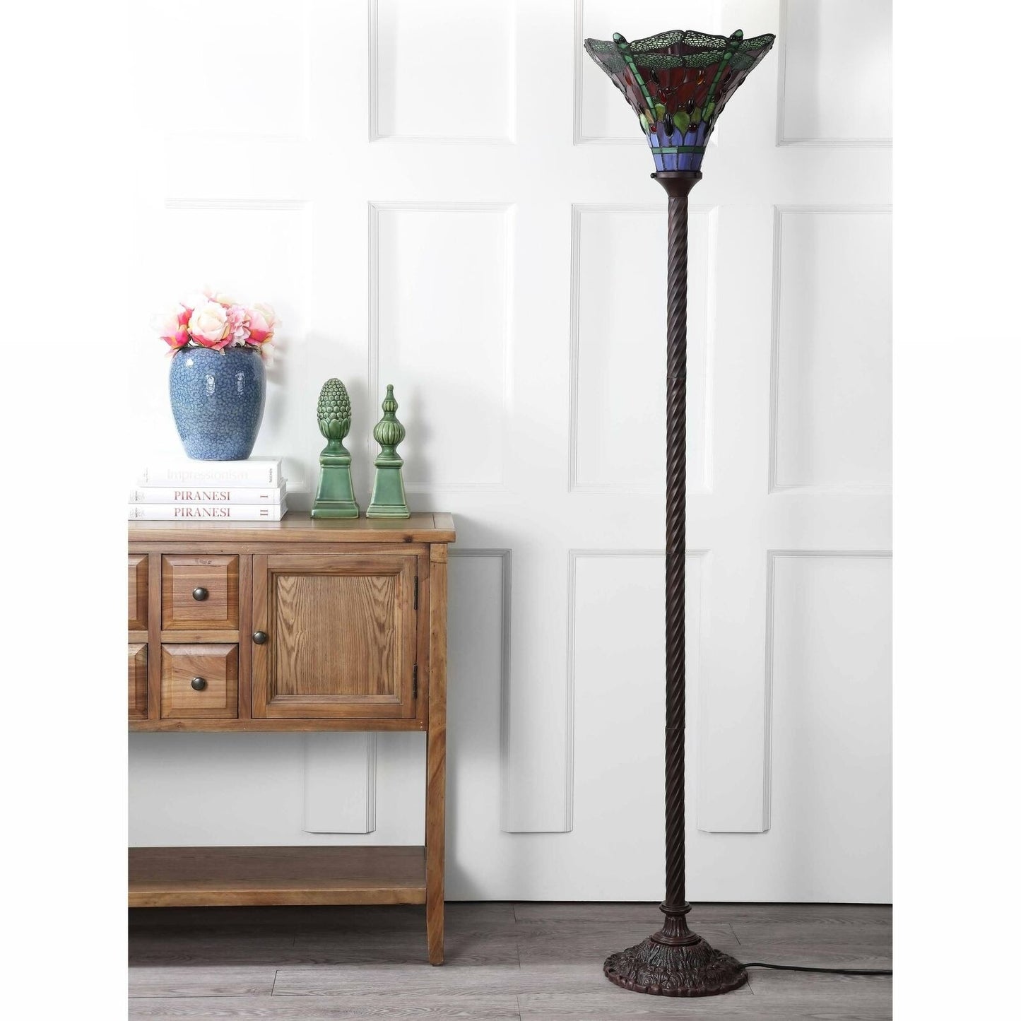 Tiffany Style Multicolr Stained Glass Traditional Dragonfly Torchiere Floor Lamp