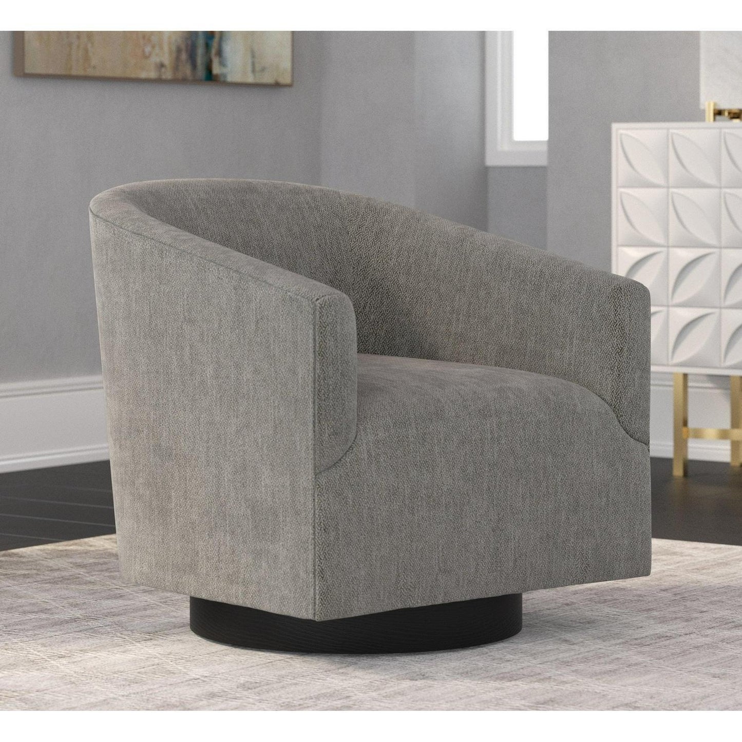 Swivel Accent Armchair with Wood Base and Barrel Back in Charcoal Grey