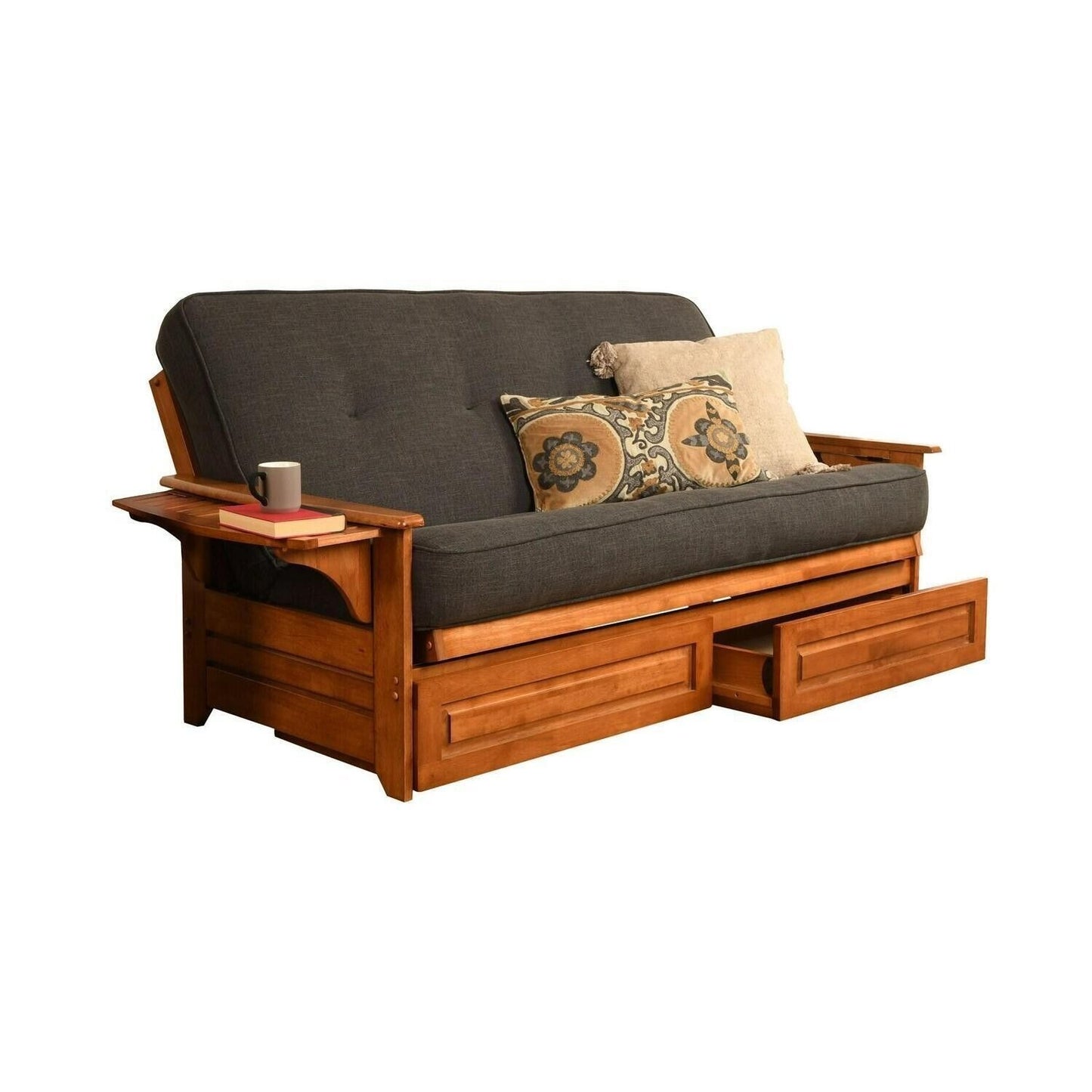 Futon Bed Set - Full Sz Solid Wood Futon w/Cotton Mattress & Storage - Dark Grey