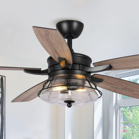 Glass Shade Industrial Style Wooden 5-Blade LED Ceiling Fan - Remote Control