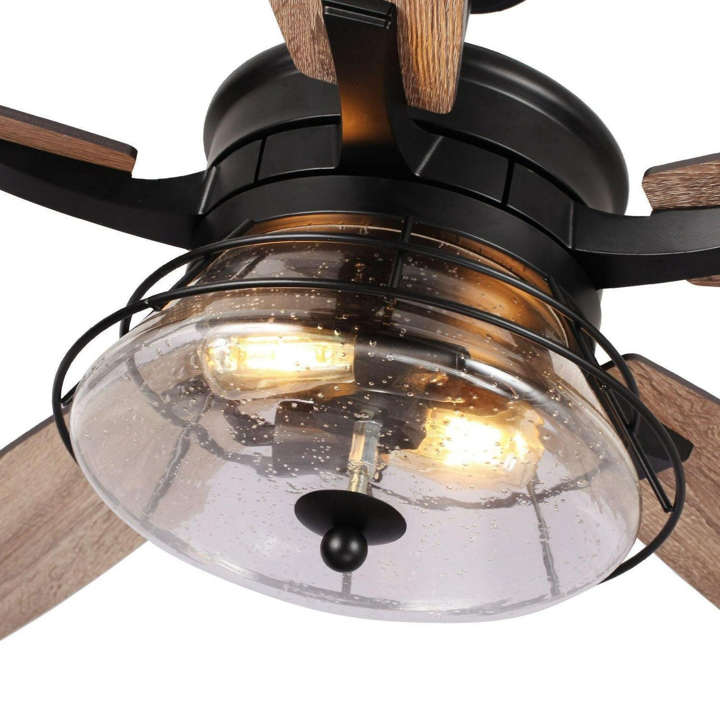 Glass Shade Industrial Style Wooden 5-Blade LED Ceiling Fan - Remote Control