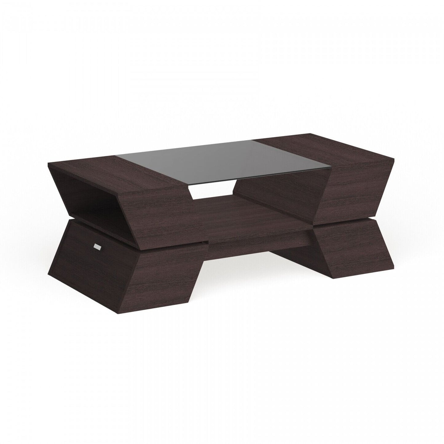 Modern Multi-Storage Coffee Table w/ Tempered Glass Top Open Center - Espresso