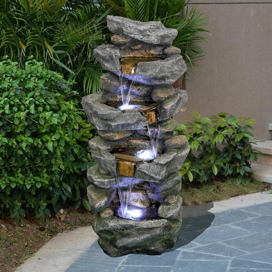 Outdoor LED 4-Tier Water Fountain Lightweight Poly-Resin Home Garden, Deck, Yard