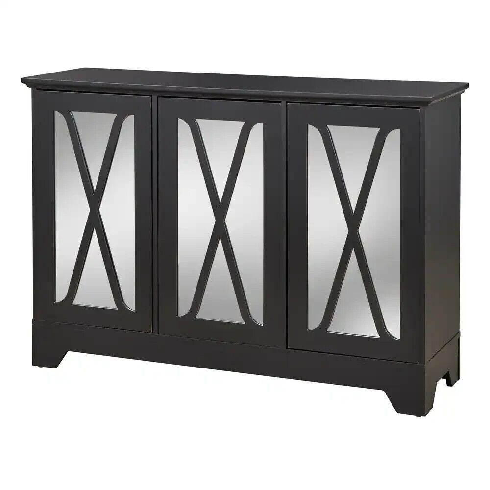 Mirrored Buffet Console Cabinet Storage Center Black Distressed Finished