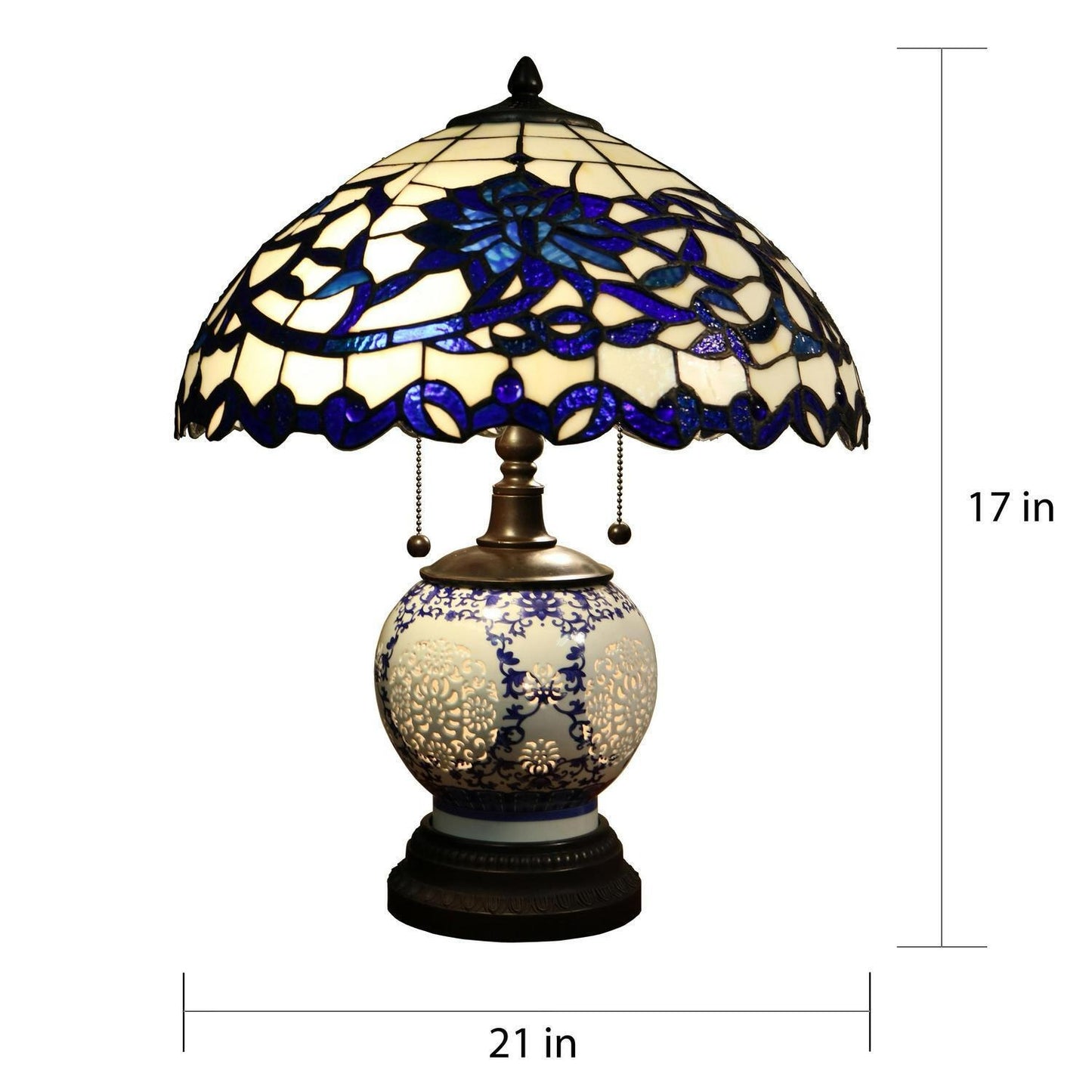 Tiffany Style Stained Glass Table Lamp 3-Light Blue White Floral Design 17x21in