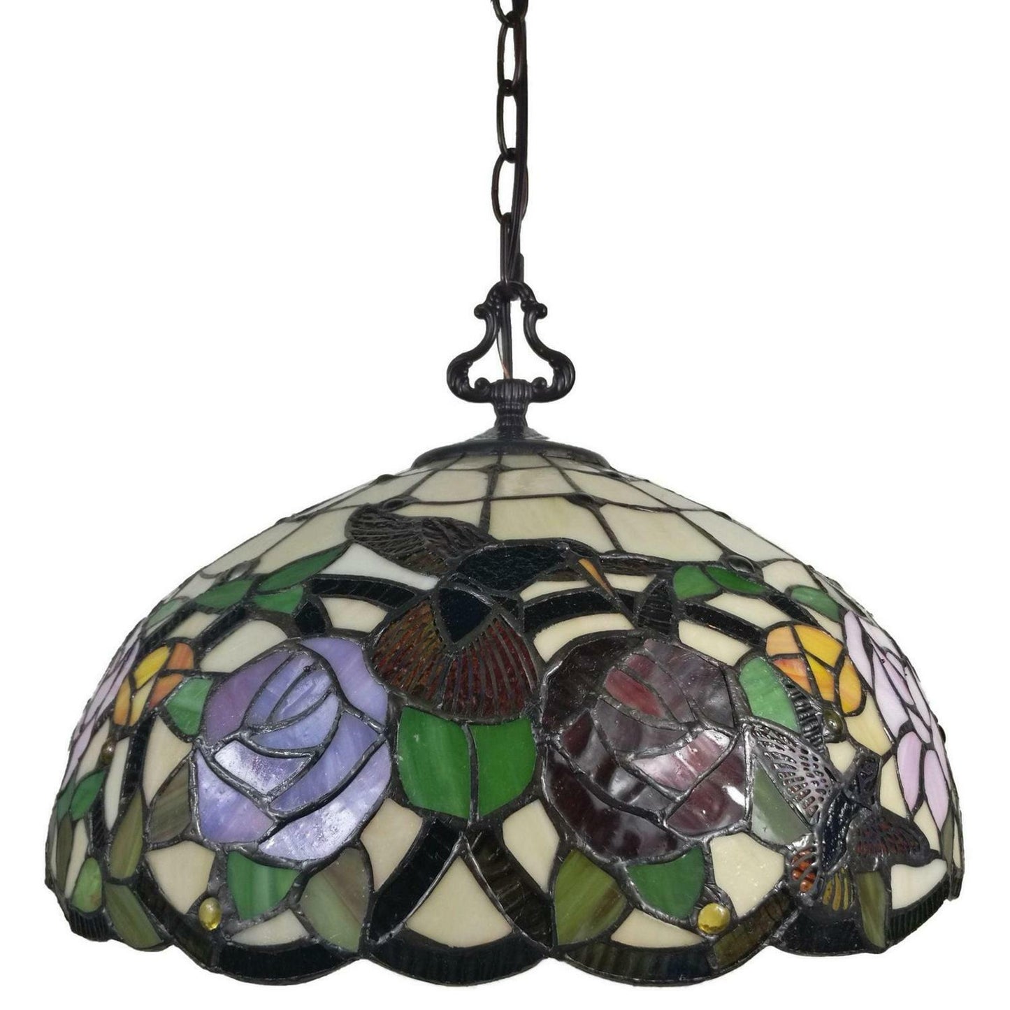 Tiffany Style Hanging Pendant Lamp Stained Glass Rose Theme Ceiling Light 16in