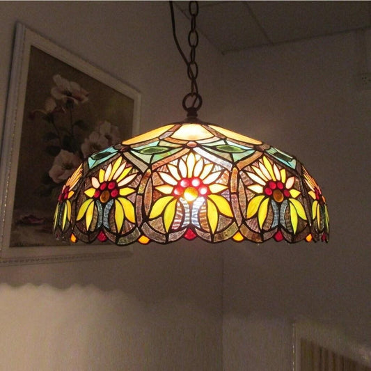 Floral Design Dark Bronze Pendant Tiffany Style Stained Glass Ceiling Light