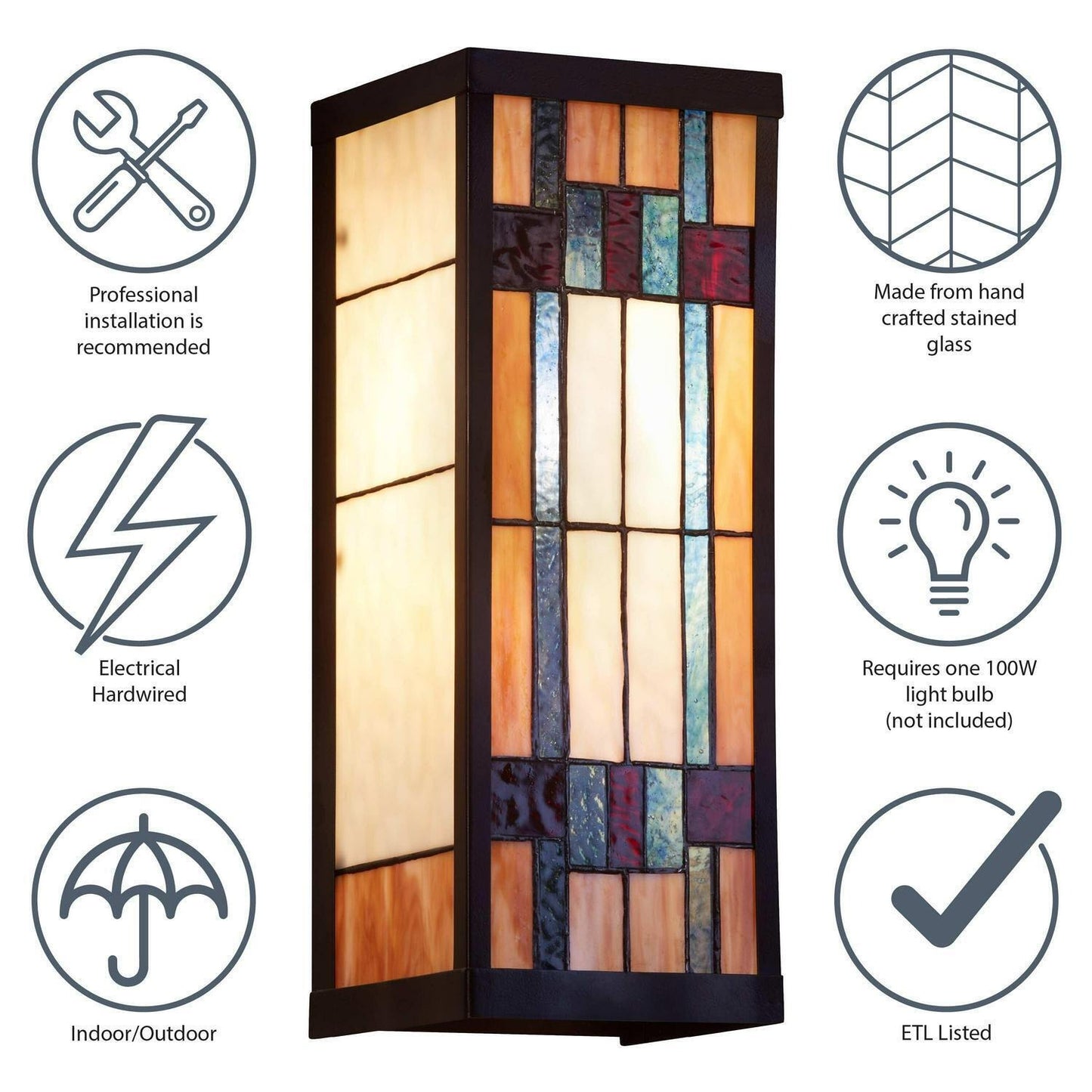 Outdoor Wall Sconce Porch Light Multicolor Stained Glass and Black Satin 16in